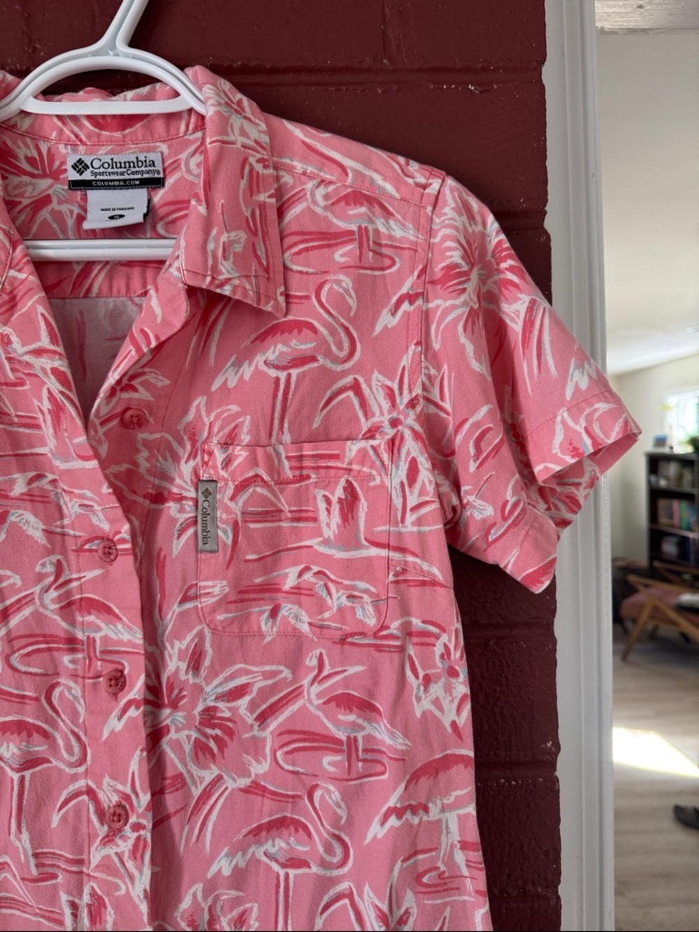 Columbia Coral and White Flamingo Print Button-Up Shirt - Picture 4 of 8